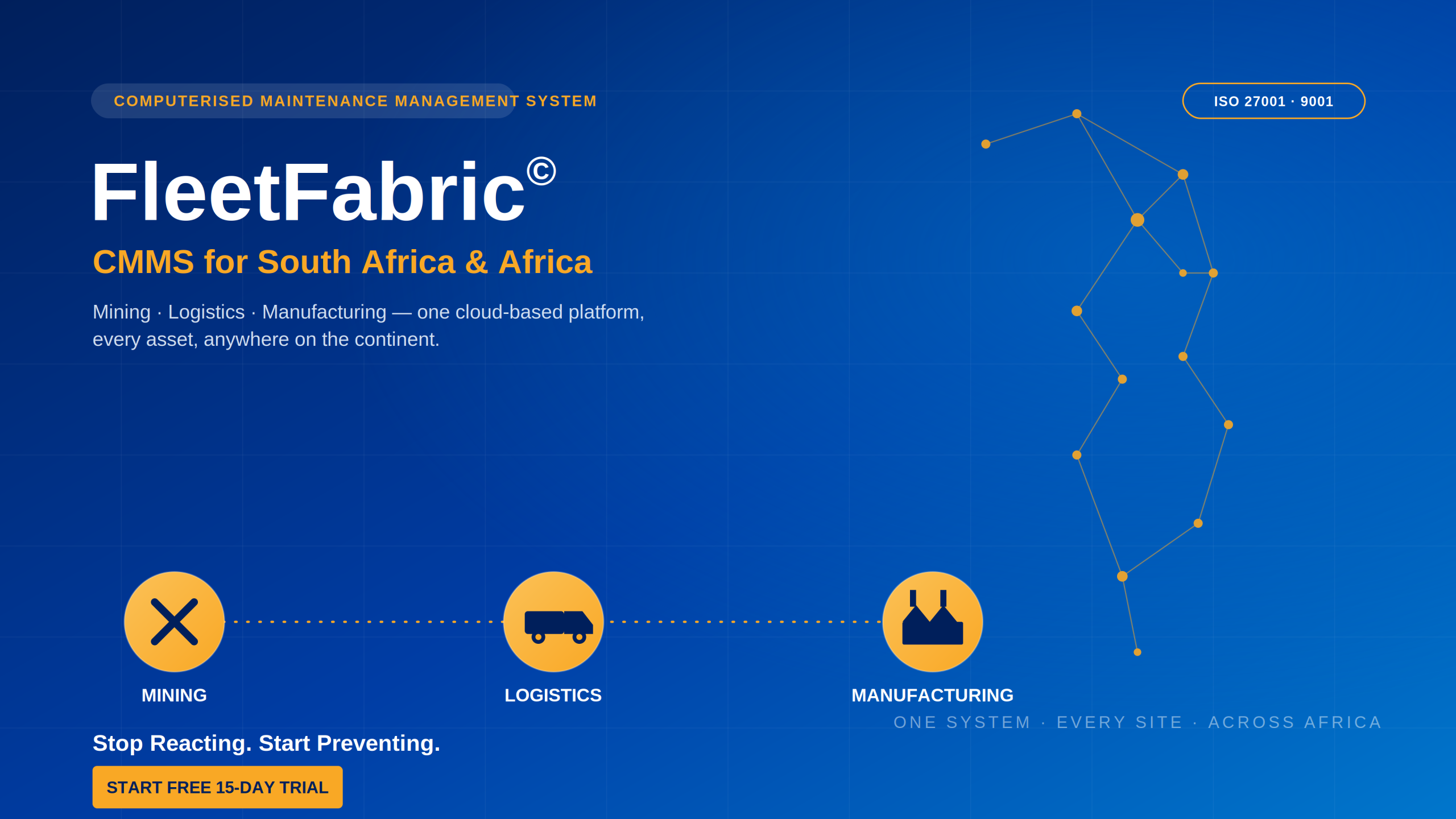 Computerised Maintenance Management System (CMMS) South Africa — FleetFabric© platform dashboard for mining, logistics and manufacturing fleet maintenance