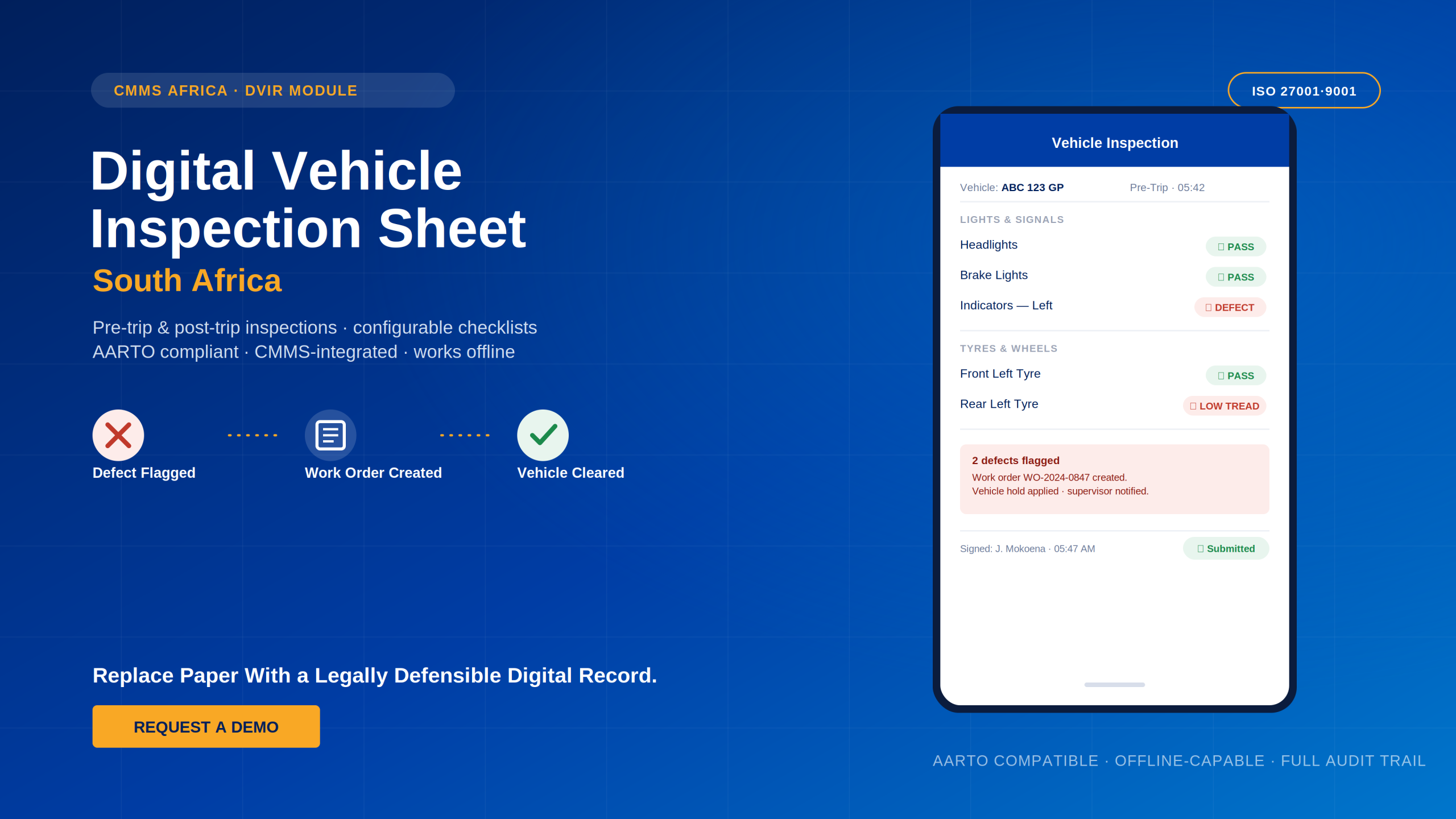 Digital Vehicle Inspection Sheet South Africa — FleetFabric© DVIR mobile checklist showing pass and defect status, automatic work order creation, and vehicle hold for South African and African fleets
